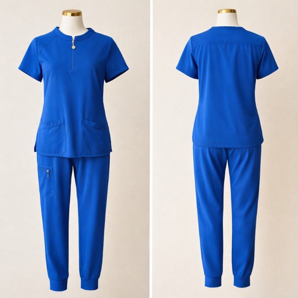 Women's Zip-Front Royal Blue Jogger Scrub Set EUC